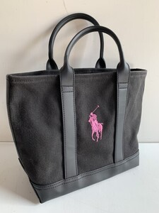 Hu999◆RALPH LAUREN ラルフローレン◆トートバッグ ハンドバッグ キャンバス 帆布 ロゴ刺繍 ブラック×ピンク かばん 鞄 バッグ