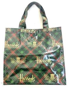 【B】【15018】☆★Harrods ハロッズ　トートバッグ　PVC　ビニール　ミニトート　チェック柄　グリーン系　マチあり　エコバッグ　現状品