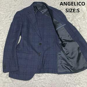 イタリア製生地 ANGELICO アンジェリコ チェック柄 テーラードジャケット サイズS ネイビー ビジカジ ビジネス 通勤 オフィスカジュアル