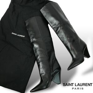 t61 良品 SAINT LAURENT PARIS サンローラン パリ レザー ロングブーツ 本革　 ブラック 34 イタリア製 レディース シューズ　正規品