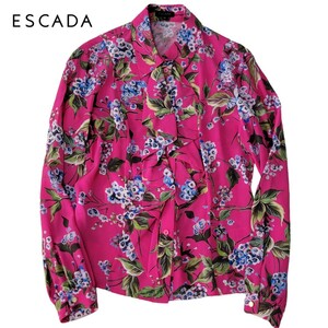 【ほぼ未使用】エスカーダ ESCADA シルク100% 前フリル 豪華花柄 ブラウス 36 シャツ 日本大きめS～Mサイズ 長袖 フリルブラウス シャツ