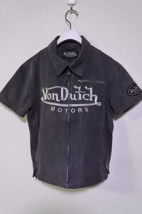 Von Dutch MOTORS ボンダッチ 半袖 ブラックデニム ライディング ジャケット size M ロゴ刺繍 ワッペン
