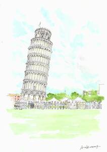 世界遺産の街並・イタリア・ピサの斜塔のお別れ会・F4画用紙・水彩画原画