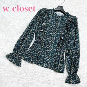 極美品 w closet ダブルクローゼット フリルブラウス 長袖シャツ トップス ネイビー 花柄 総柄 フロント袖フリル M