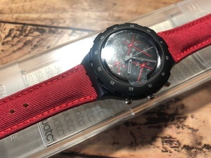 ケース フィルム付き 美品 レア swatch スウォッチ BIG RED SBB104 クロノグラフ ブラック×レッド 純正革ベルト AG1996 クオーツ 腕時計