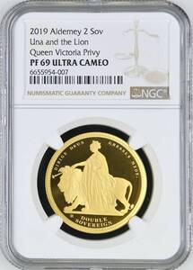 2019年 オルダニー ウナとライオン 2ポンド 2ソブリン プルーフ 金貨 NGC PF69 ULTRA CAMEO