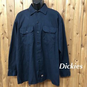 Dickies /FLEX /ディッキーズ /メンズXL 長袖シャツ ワークシャツ トップス ネイビー 無地 ポリコットン ミリタリー アメカジ USA古着