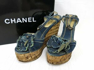 ◆CHANEL シャネル◆カメリア◆デニム コルク◆ウェッジソール サンダル 靴◆インディゴ ゴールド金具◆ヴィンテージ◆レディース◆A5553