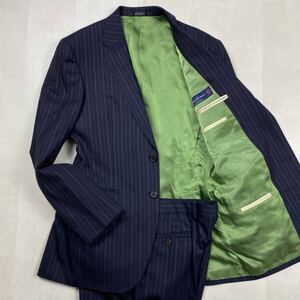 ☆美品 高級生地ゼニア☆Paul Smith ウール100 総裏 グリーン ポールスミスロンドン セットアップ ネイビー 紺 メンズ ストライプ スーツ 