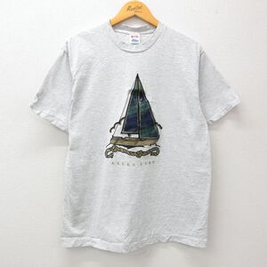 L/古着 アメリカンイーグル 半袖 ビンテージ Tシャツ メンズ 90s ヨット キューカ コットン クルーネック 薄グレー 霜降り 2