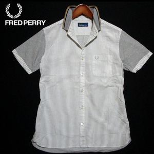 【フレッドペリー】 異素材切替　半袖ストライプシャツ　ライトグレー　胸ローレルリース　ティップライン　FRED PERRY　ヒットユニオン