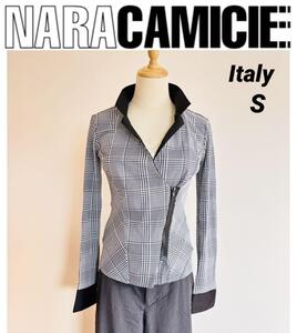 秋服　NARACAMICIE ナラカミーチェ　イタリア製　千鳥　カシュクール　長袖シャツ　モノトーン　S