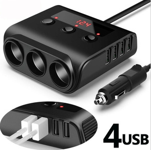 3連シガーソケット QC3.0 USB 4ポート 車載充電器 2.4A 5V Quick Charge 急速充電 12V 24V 電圧計 スマートIC 識別