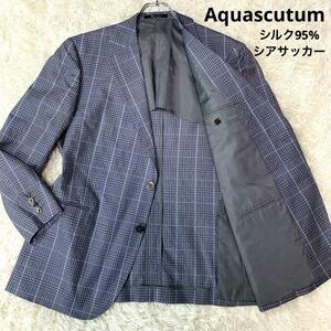 極美品/XXL相当●Aquascutum【シアサッカー/シルク95%◆テーラードジャケット】グレンチェック シェルボタン 夏 サマー アクアスキュータム