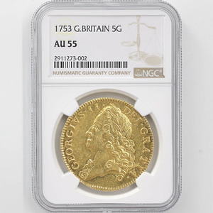 1753 英国 ジョージ2世 5ギニー 金貨 NGC AU 55 極美品 イギリス 金貨