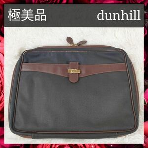 【極美品】送料無料 dunhill ダンヒル クラッチバッグ PVC×レザー セカンドバッグ ブリーフケース メンズ ダークグレー系×ブラウン系