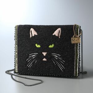GQ0095▽Mary Frances メリーフランシス 猫 キャット ビーズ刺繍 ビーズバッグ チェーンショルダーバッグ クラッチバッグ 鞄 ブラック系