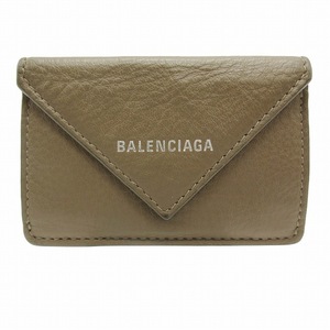 バレンシアガ BALENCIAGA PAPIER MINI ペーパー ミニ ウォレット レザー 三つ折り コンパクト 財布 シボ革 ロゴ プリント 小銭入れ有 茶