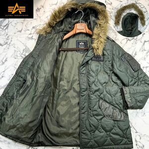 美品/2WAY (M) ●ALPHA INDUSTRIES アルファ インダストリーズ キルティング ジャケット モッズコート ミリタリー カーキ 緑 ファー着脱可