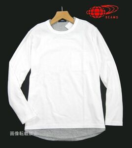 新品 春物 ★ ビームス　胸ポケ 長袖 フェイクレイヤード Tシャツ　L　白 ホワイト　裾ラウンド ロンT BEAMS HEART