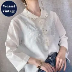 vintage ヴィンテージ レトロ古着 花柄刺繍ブラウス 白系 半端袖トップス