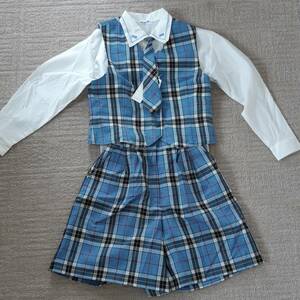 新品■160cm★制服風セットアップ　1式●女子高生 ベスト チェックズボン ブラウス ネクタイ 子供服 キッズ服 卒業式 入学式 リバーシブル