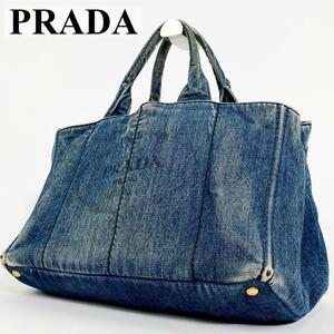 1円 PRADA プラダ カナパ ハンドバッグ トートバッグ 三角ロゴ プレート デニム インディゴ 青系 コットン キャンバス A4 白タグ 正規品