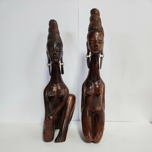 インドネシア　バリ島　木彫り人形　ピアス付　裸婦　木像　木彫　オブジェ　2個セット　【SH-21501】