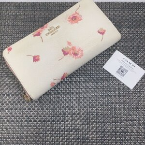 【中古品/TO】COACH コーチ レザー フラワー柄 花柄 ラウンドファスナー 長財布 ウォレット 札入れ 小銭入れ アイボリー系 RS1212/0010