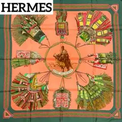 ★HERMES★ スカーフ カレ90 砂漠の革飾り シルク グリーン ピンク