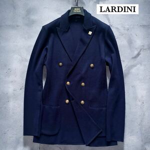 未使用級☆LARDINI テーラードジャケット ネイビージャケット 紺ブレ 金ボタン ダブルブレスト ピークドラペル ウール ブートニエール 1円