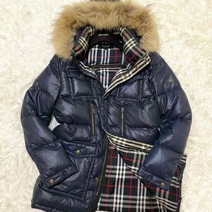 希少Lサイズ バーバリーブラックレーベル【ファーフード着脱可3way】BURBERRY ダウンコート ジャケット ノバチェック ホースロゴ刺繍 紺色