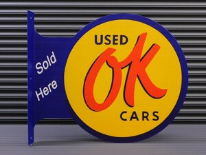 【USED CAR OK・中古車】※《フランジメタルサイン・両面プリント》 アメリカン雑貨　ブリキ看板　ガレージ