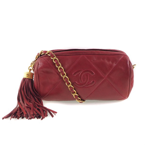 CHANEL シャネル チェーンショルダー マトラッセ フリンジ ショルダーバッグ ラムスキン 赤 レディース【H181222258】中古