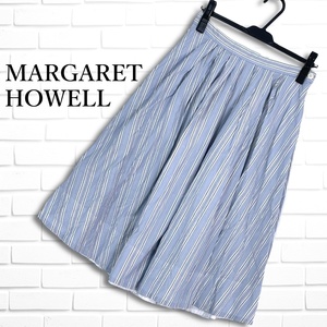 ◆美品◆ MARGARET HOWELL マーガレットハウエル ストライプ コットン ロング スカート 青 白 レディース 2 M ◆日本製 送料無料◆ 0164L