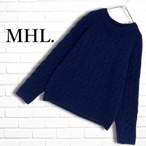 ◆良品◆ MHL. MARGARET HOWELL マーガレットハウエル ケーブル 編み 長袖 ウール ニット セーター 紺 ネイビー レディース 2 M　0574K