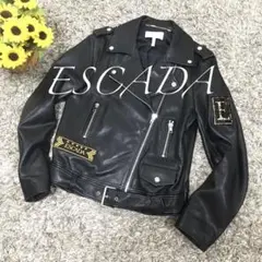 ESCADA ♫ 黒 レザー ダブルライダースジャケット36 XXL