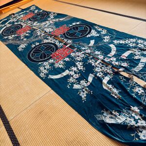 5918▲古布　江戸　筒描き　見事な垂れ幕　天幕　暖簾　桜　中厚手　960cm Japan old cloth ビンテージ リメイク アンティーク