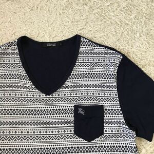 バーバリーブラックレーベル Tシャツ　半袖　オルテガ柄　胸ポケット　BURBERRYBLACK LABEL Vネック　ホースロゴ刺繍　サイズ3 紳士　紺系