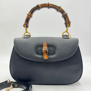 1円【希少/極美品】GUCCI グッチ バンブー 2way ハンドバッグ ショルダーバッグ クロスボディ ターンロック オールレザー 本革 ブラック 黒