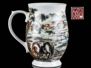【流】中国美術 居仁堂製 粉彩山水図マグカップ TT119