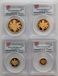 2011年 イギリス ブリタニア 金貨 4枚セット PCGS PR70DCAM First Strike！！（￡50のスラブに欠け有り）