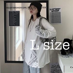 ロングTシャツ ペイズリー トップス ロンT ユニセックス ホワイト 白 L