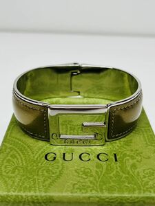 1円 美品 GUCCI バングル ブレスレット オーストリッチ ロゴ インターロッキング アクセサリー グッチ シルバー 925 刻印有 GG エナメル