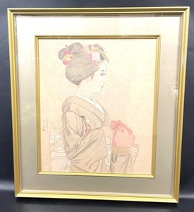 青山亘幹作【宮川町富美丸】箱付き 日本画 人物画 絵画 美術 額装 アンティーク 10号 額外サイズ66×74㎝ /TN