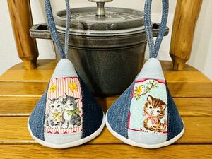 三角鍋つかみ★staubストウブ　ホーロー鍋★ミトン★鍋つかみ★デニムリメイク　ねこ　ネコ