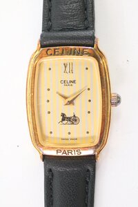 CELINE セリーヌ 馬車 ロゴ クォーツ 2針 スクエア レディース 腕時計 ゴールドカラー 社外ベルト 2958-HA