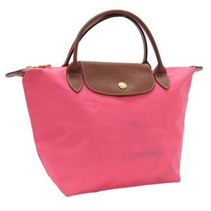 1円 ■ ロンシャン ハンドバッグ ピンク系×ブラウン系 ナイロン×レザー 軽量 小さめ LONGCHAMP ■E.Bss.tl-15