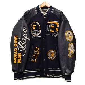 A BATHING APE アベイシングエイプ BAPE Patch Varsity Jacket ウール×レザー スタジャン ネイビー サイズXL 正規品 / 36141