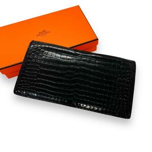 エルメス 最高級 フレミング ポロサス ワニ革 クロコダイル レザー 長財布 二つ折り財布 HERMES ブラック 黒 メンズ